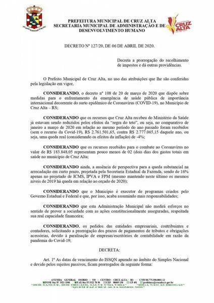 Administração Municipal publica decreto prorrogando recolhimento de impostos
