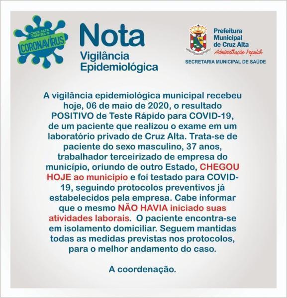 Terceiro caso conformado de coronavírus em Cruz Alta