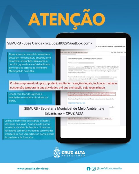 Prefeitura de Cruz Alta alerta população sobre golpes por e-mail e mensagens