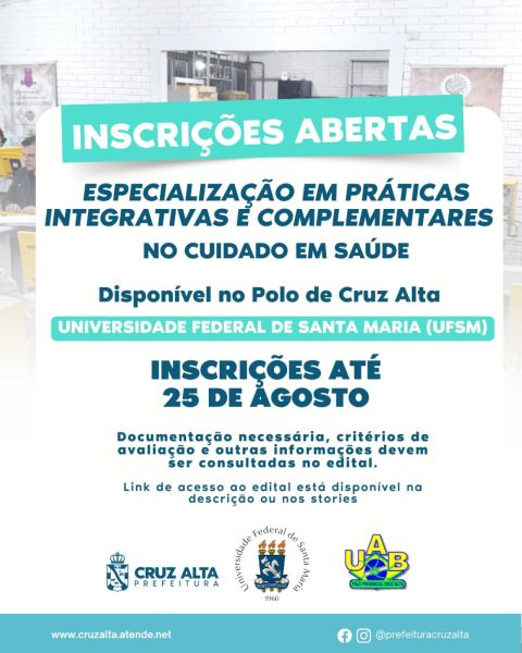 Inscrições abertas para especializações EAD no Polo Cruz Alta da UAB
