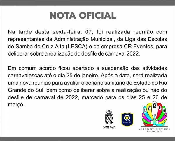 Reunião suspende atividades Carnavalescas em Cruz Alta até o dia 25 de Janeiro