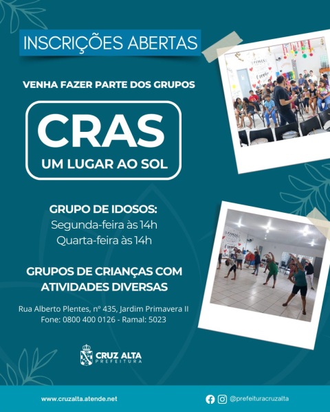 CRAS SOL tem inscrições abertas para os grupos de Idosos, jovens e crianças