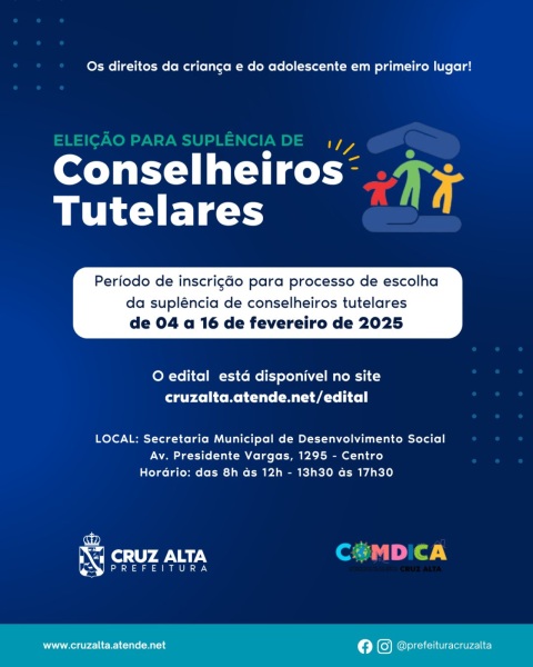 Últimos dias para inscrição de suplentes do Conselho Tutelar em Cruz Alta
