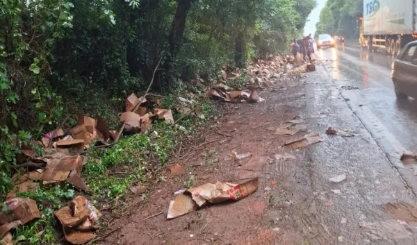 Caminhão derrama carga de óleo de soja após saída de pista na ERS-342 em Ijuí