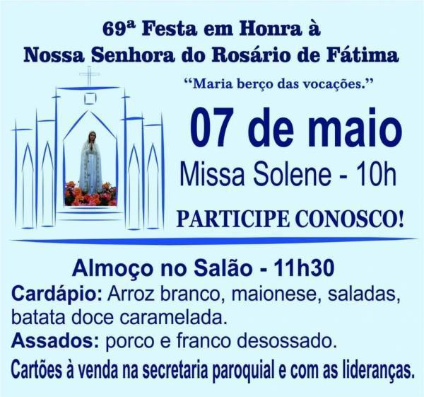 Festa em Honra à Nossa Senhora de Fátima acontece neste domingo