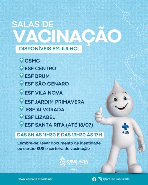 SAÚDE> Salas de vacinação seguem abertas em ESFs de Cruz Alta