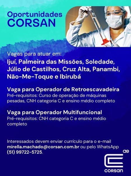 Corsan abre vagas de trabalho em Cruz Alta para operador de máquinas