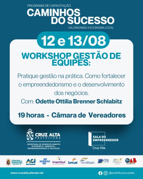 Cruz Alta promove workshop gratuito sobre gestão de equipes nos dias 12 e 13