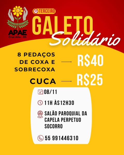 APAE realiza terceiro Galeto Solidário neste sábado em Cruz Alta