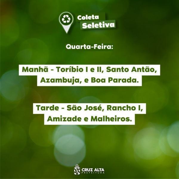 Confira os bairros da Coleta Seletiva nesta quarta-feira em Cruz Alta