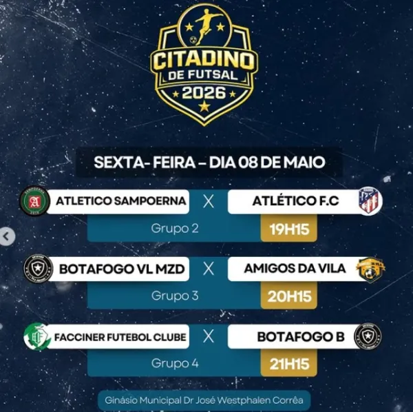 DAQUI A POUCO> Citadino de Futsal tem rodada nesta sexta no Ginásio Municipal