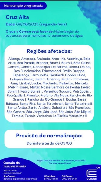 HOJE>Manutenção pode afetar abastecimento de água em 63 bairros de Cruz Alta