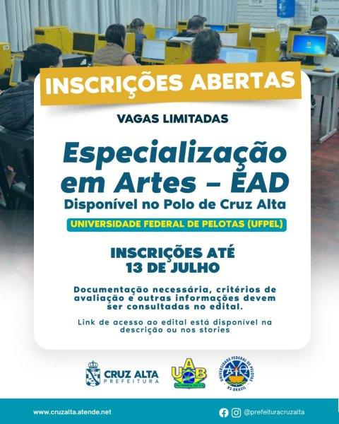 Inscrições abertas para Especialização em Artes EAD na UAB de Cruz Alta