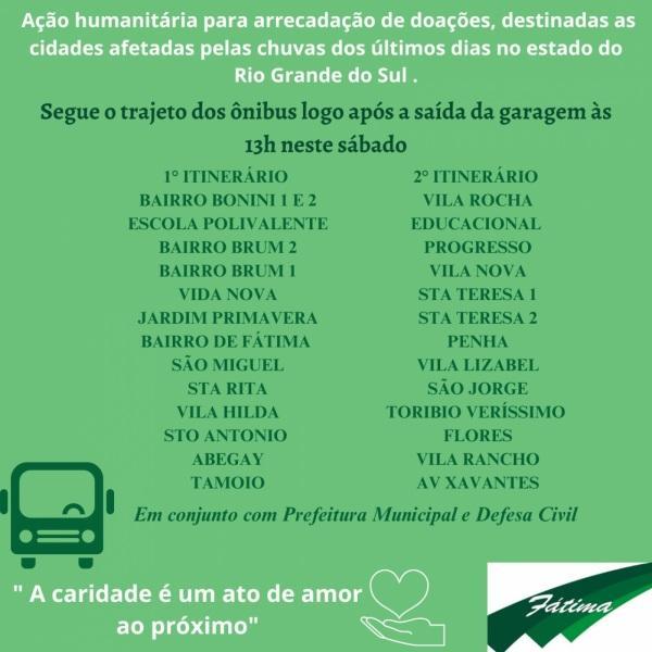 NA TARDE: Dois ônibus da empresa de Fátima recolherão donativos nos bairros 