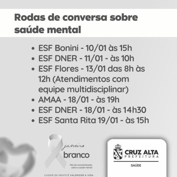JANEIRO BRANCO: Rodas de Conversas nas ESFs de Cruz Alta começam amanhã