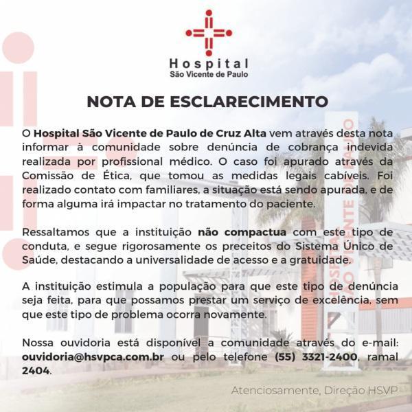 Hospital São Vicente  divulga nota sobre médico que cobrou cirurgia pelo SUS