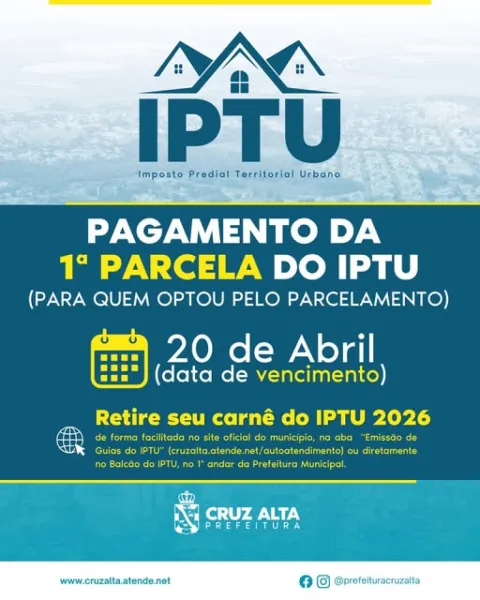 PAGAMENTO PARCELADO> IPTU 2026 pode ser pago em até 9 vezes