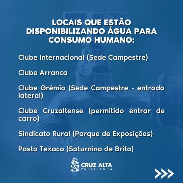 CRUZ ALTA SEM ÁGUA: Confira os pontos de distribuição para consumo humano
