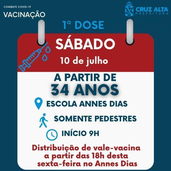 Vacinação contra a Covid-19 para pessoas com 34 anos será neste sábado