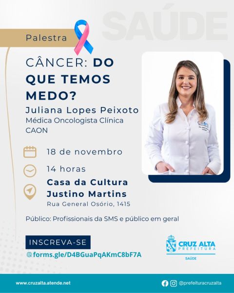 DIA 18 EM CRUZ ALTA> Palestra abordará o tema Câncer: do que temos medo? 