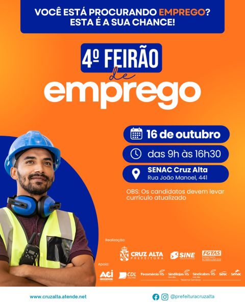 Cruz Alta realiza o 4º Feirão de Emprego no dia 16 de outubro
