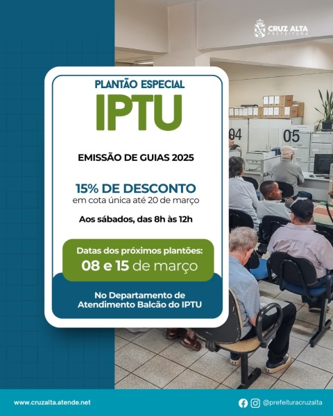 EMISSÃO DE GUIAS DO IPTU> Próximo sábado dia 15 tem mais um plantão