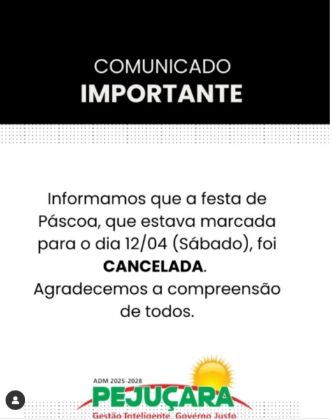 Prefeitura de Pejuçara cancela Festa de Páscoa em solidariedade a secretária