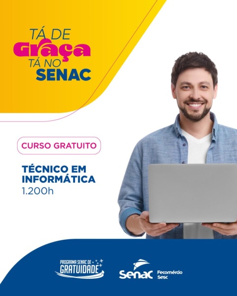 Senac oferece curso técnico gratuito em Informática com vagas abertas 