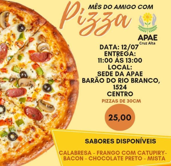 APAE promove venda de pizzas solidárias no sábado na sede da entidade