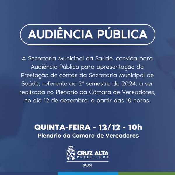 PRESTAÇÃO DE CONTAS>Secretaria Municipal da Saúde realizará Audiência Pública 