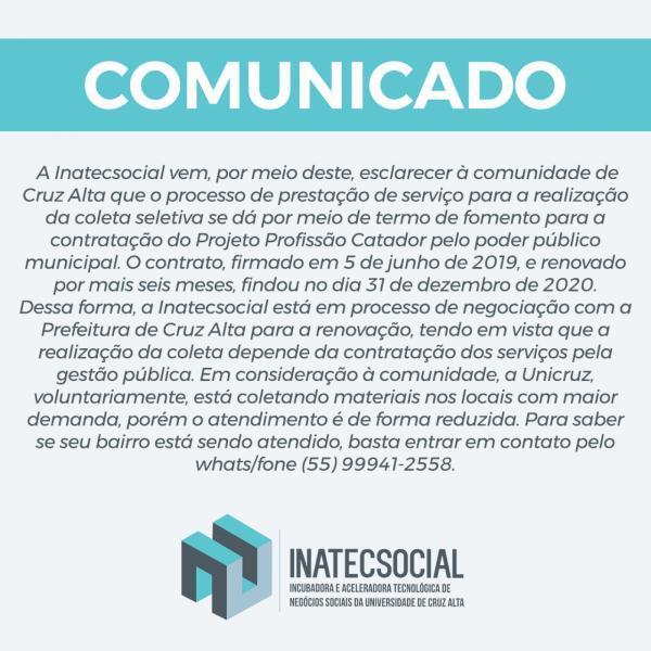 Inatecsocial divulga comunicado sobre a renovação da Coleta Seletiva