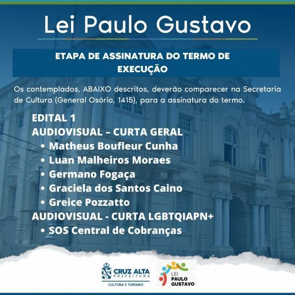 LEI PAULO GUSTAVO: Contemplados do Edital 1 são chamados para assinatura