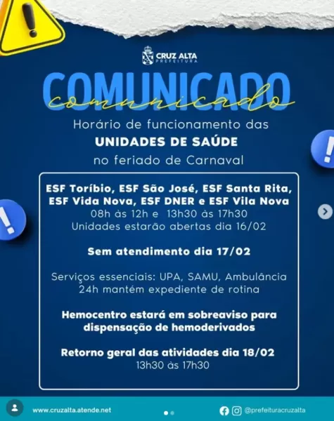 CARNAVAL> Farmácia Pública e algumas ESFs funcionam hoje na segunda-feira