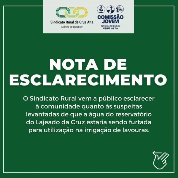 Sindicato Rural  divulga nota de esclarecimento sobre o Lajeado da Cruz