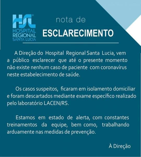 Hospital Regional Santa Lúcia posta nota em relação ao coronavírus