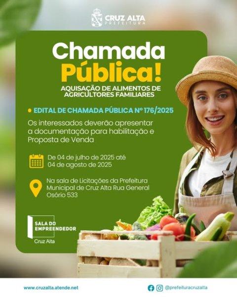 AGRICULTURA FAMILIAR> Cruz Alta abre chamada pública para compra de alimentos 
