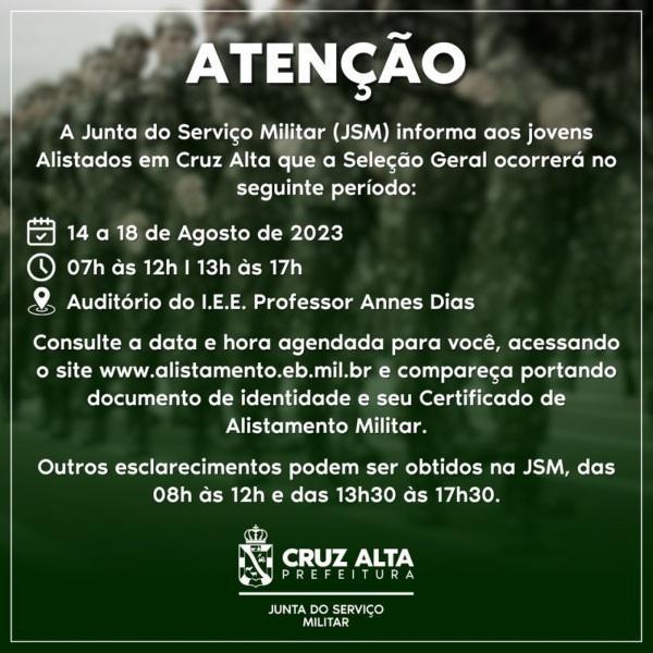 Seleção Geral dos jovens alistados em Cruz Alta inicia nesta segunda-feira