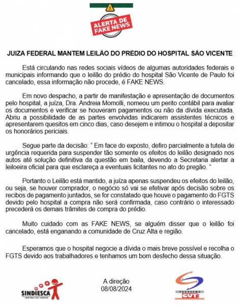 Sindiesca e Feesssers divulgam nota sobre o leilão do Hospital São Vicente 