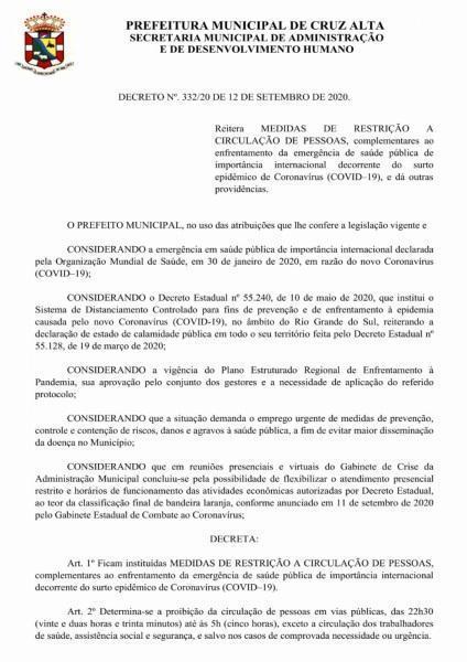 Atualização de Decreto altera horário do Toque de Recolher