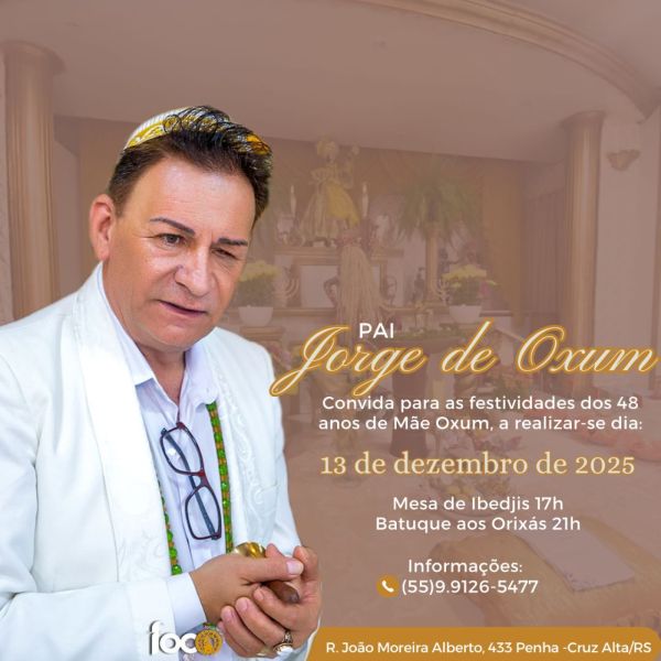 HOJE> Festividade celebra 48 anos de devoção a Mãe Oxum em Cruz Alta
