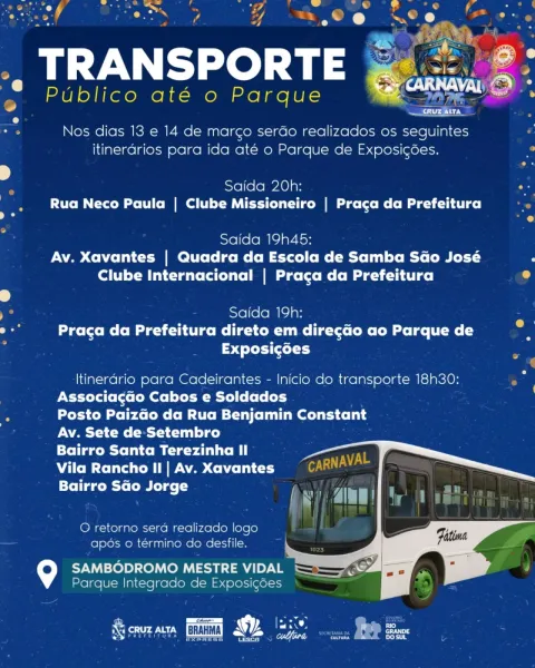 HOJE>Carnaval de Cruz Alta terá transporte gratuito para o Parque 