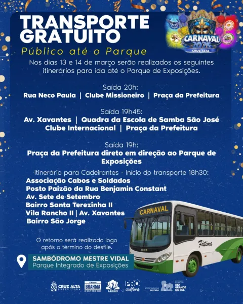 Carnaval de Cruz Alta terá transporte gratuito para o Parque de Exposições