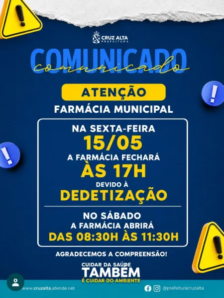 NA SEXTA-FEIRA> Farmácia Municipal terá alteração no atendimento em Cruz Alta