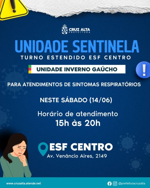 ESF CENTRO> Atendimento hoje das 15h às 20h para casos gripais e respiratórios