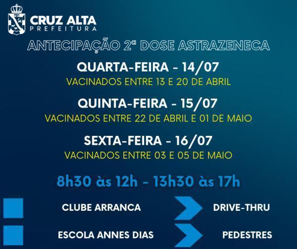 Cruz Alta realiza antecipação 2ª dose Oxford/Astrazeneca