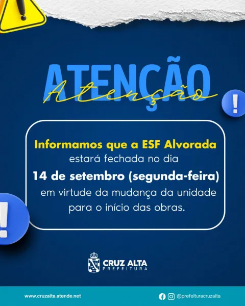 ESF Alvorada estará fechada hoje para mudança da unidade