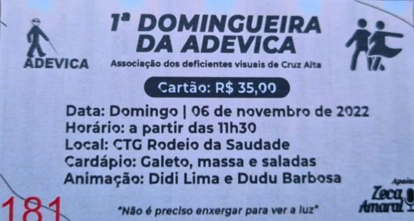 Domingueira da Adevica acontece no dia 6 de novembro; cartões já estão à venda