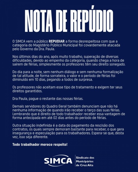 PROFESSORES>SIMCA divulga nota de repúdio e Prefeitura contesta as informações