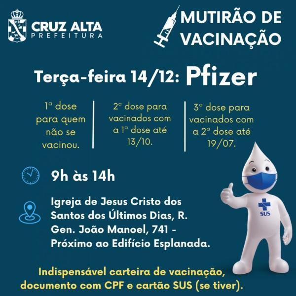 Terça tem doses de reforço, 2º dose e 1º dose da Pfizer em Cruz Alta