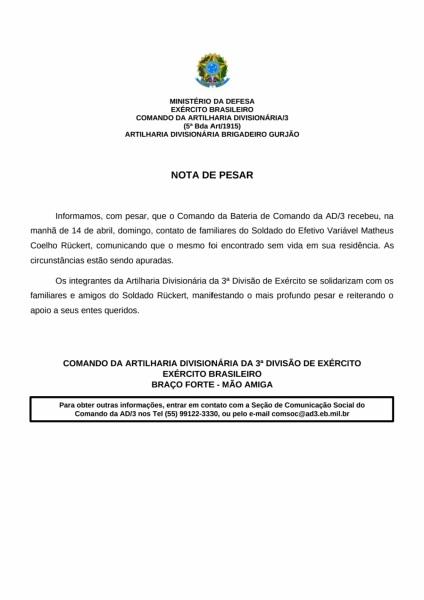  Soldado é encontrado sem vida na sua casa; Exército divulga nota de pesar 